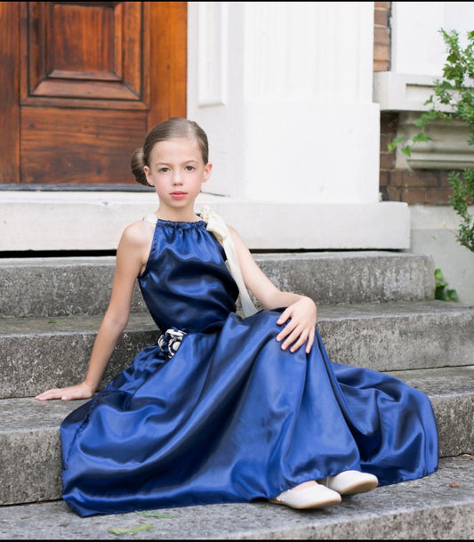 Girls Navy Blue Satin Wedding Outfit