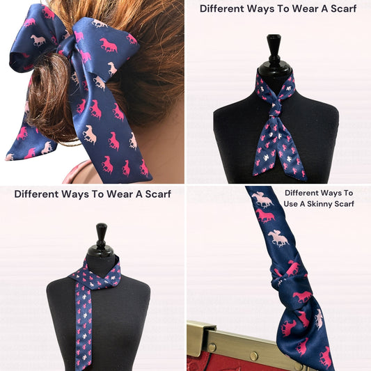 6-in-1 Horse Print Skinny Scarf | Navy & Pink Luxe Satin