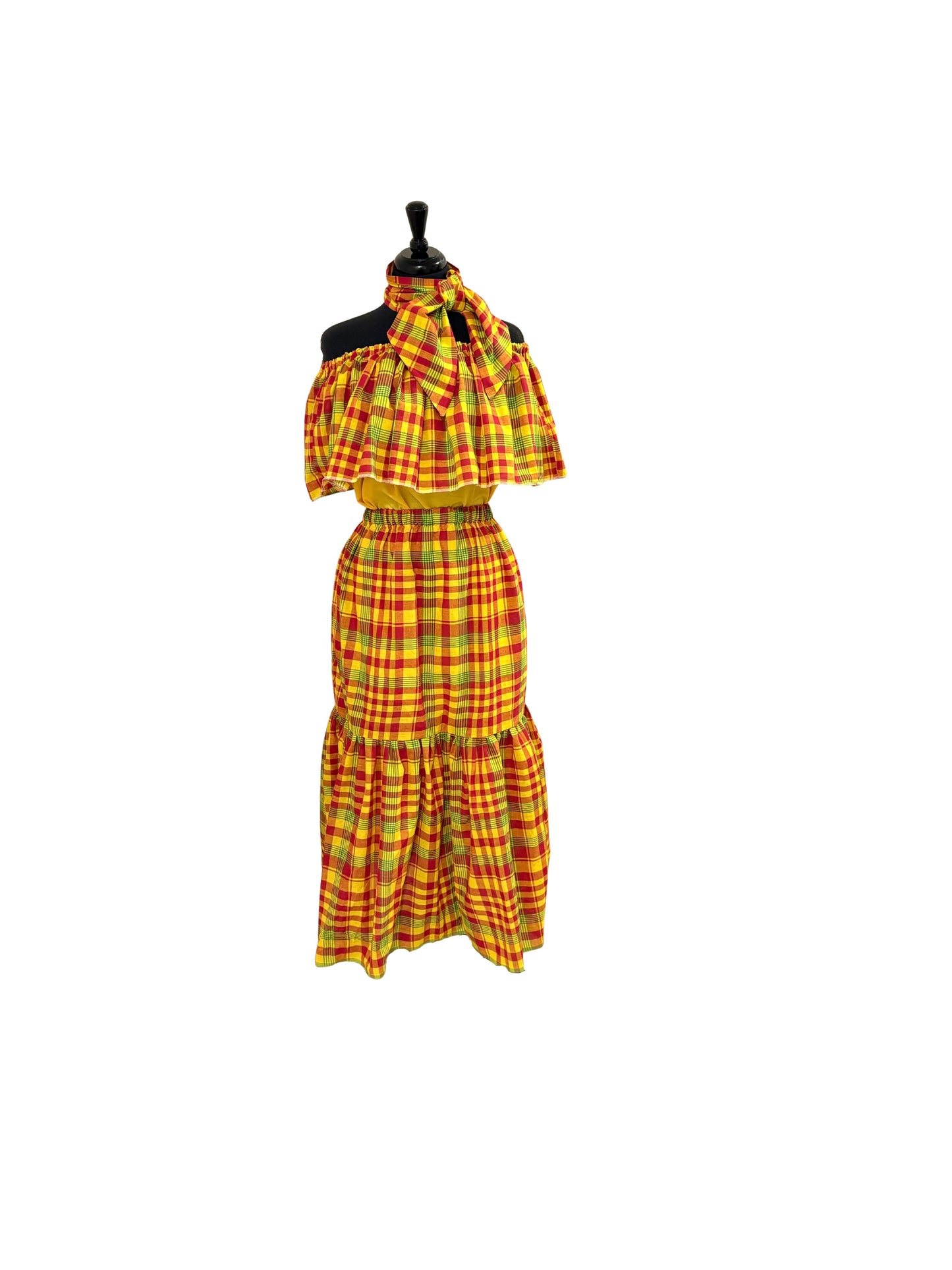 Women’s Jamaican Madras Ruffle Top and Skirt Set | Off Shoulder Peasant Top with Head Wrap