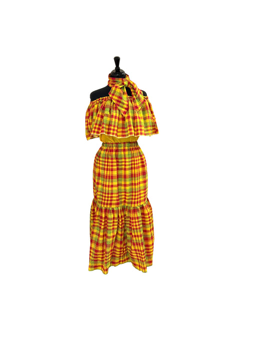 Women’s Jamaican Madras Ruffle Top and Skirt Set | Off Shoulder Peasant Top with Head Wrap