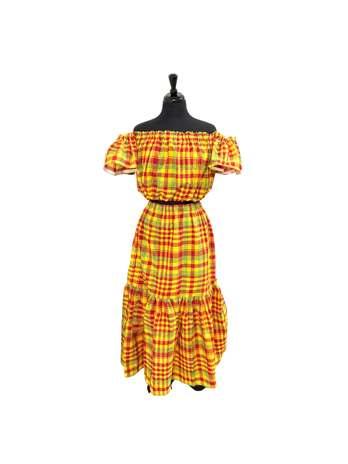Women’s Jamaican Madras Crop Top and Skirt Set | Off Shoulder Bandeau with Head Wrap