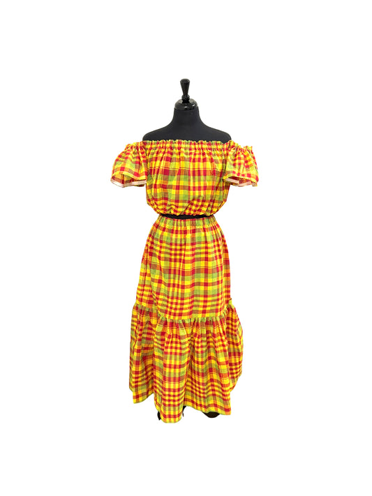 Women’s Jamaican Madras Crop Top and Skirt Set | Off Shoulder Bandeau with Head Wrap
