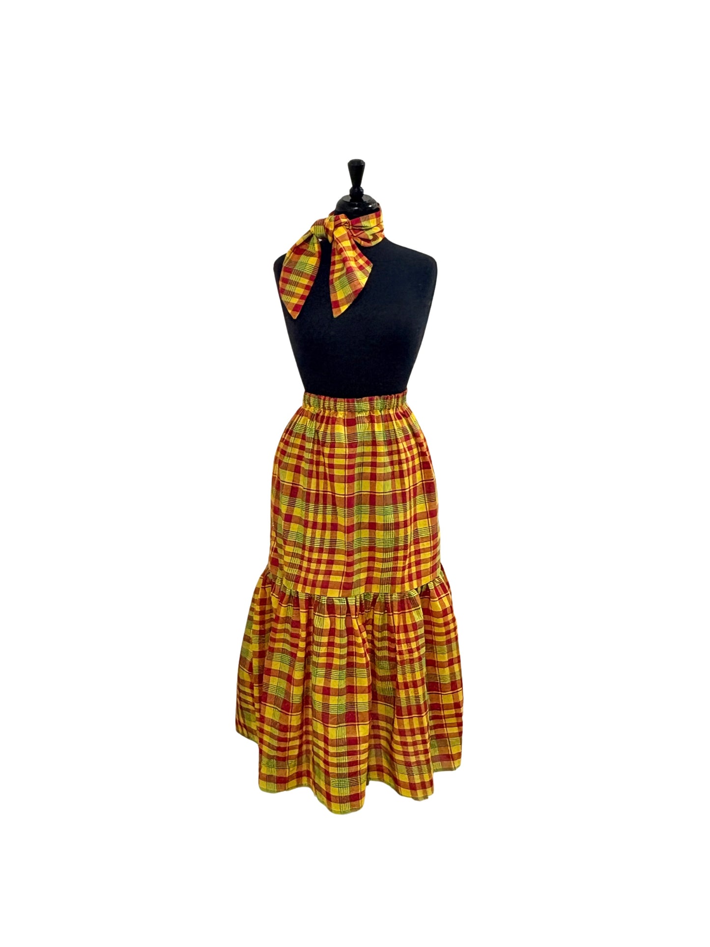 Women’s Jamaican Madras Ruffle Top and Skirt Set | Off Shoulder Peasant Top with Head Wrap