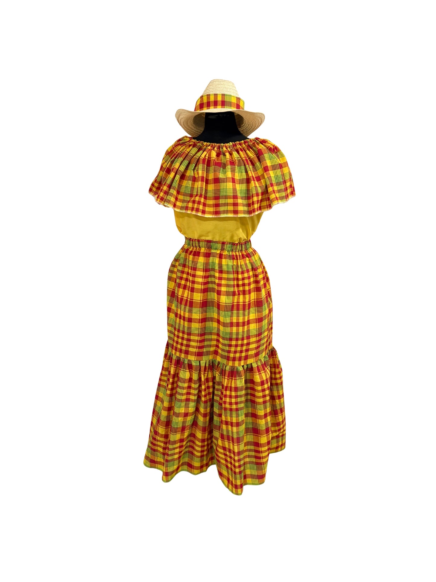 Women’s Jamaican Madras Ruffle Top and Skirt Set | Off Shoulder Peasant Top with Head Wrap