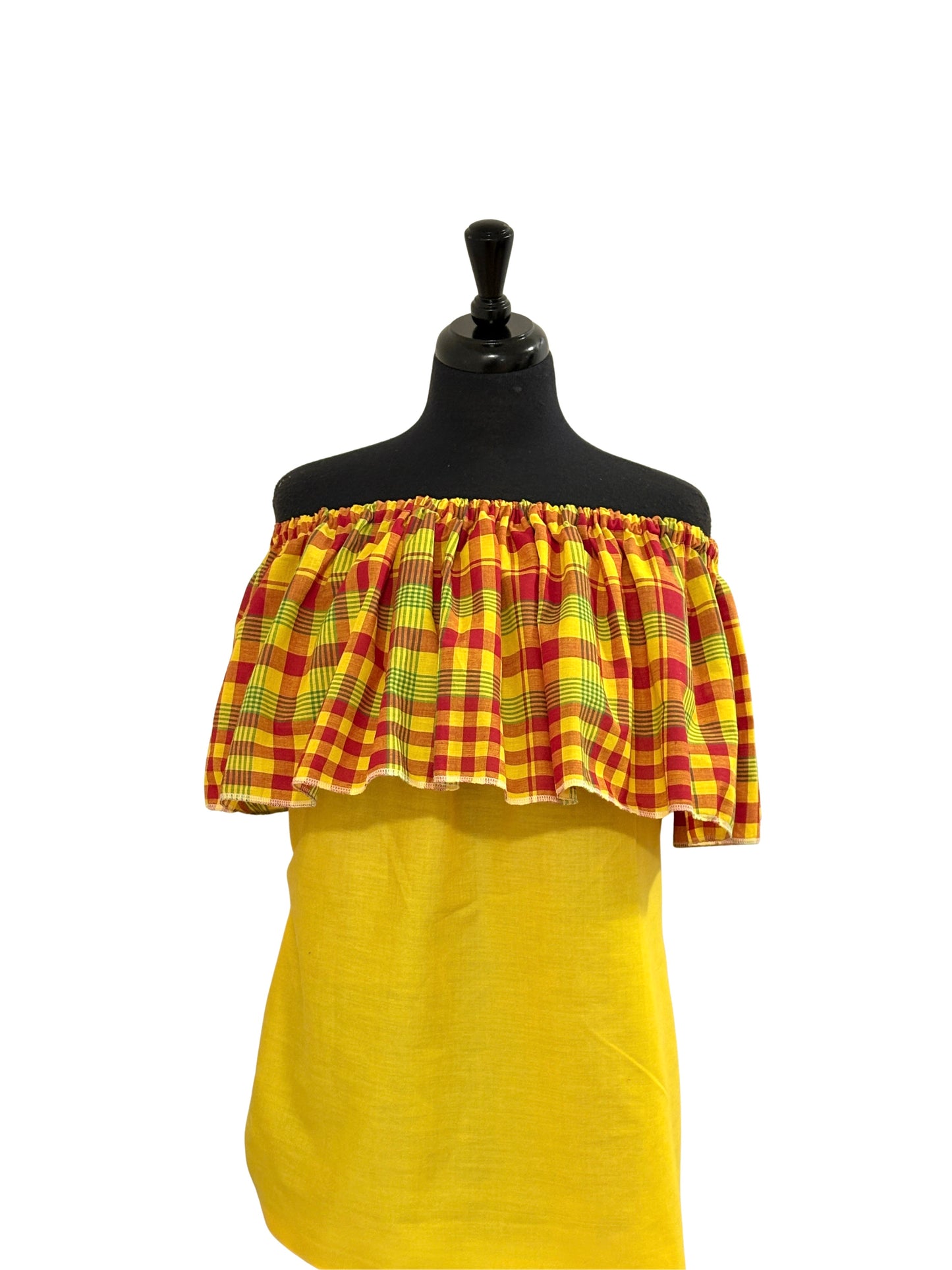 Women’s Jamaican Madras Ruffle Top and Skirt Set | Off Shoulder Peasant Top with Head Wrap
