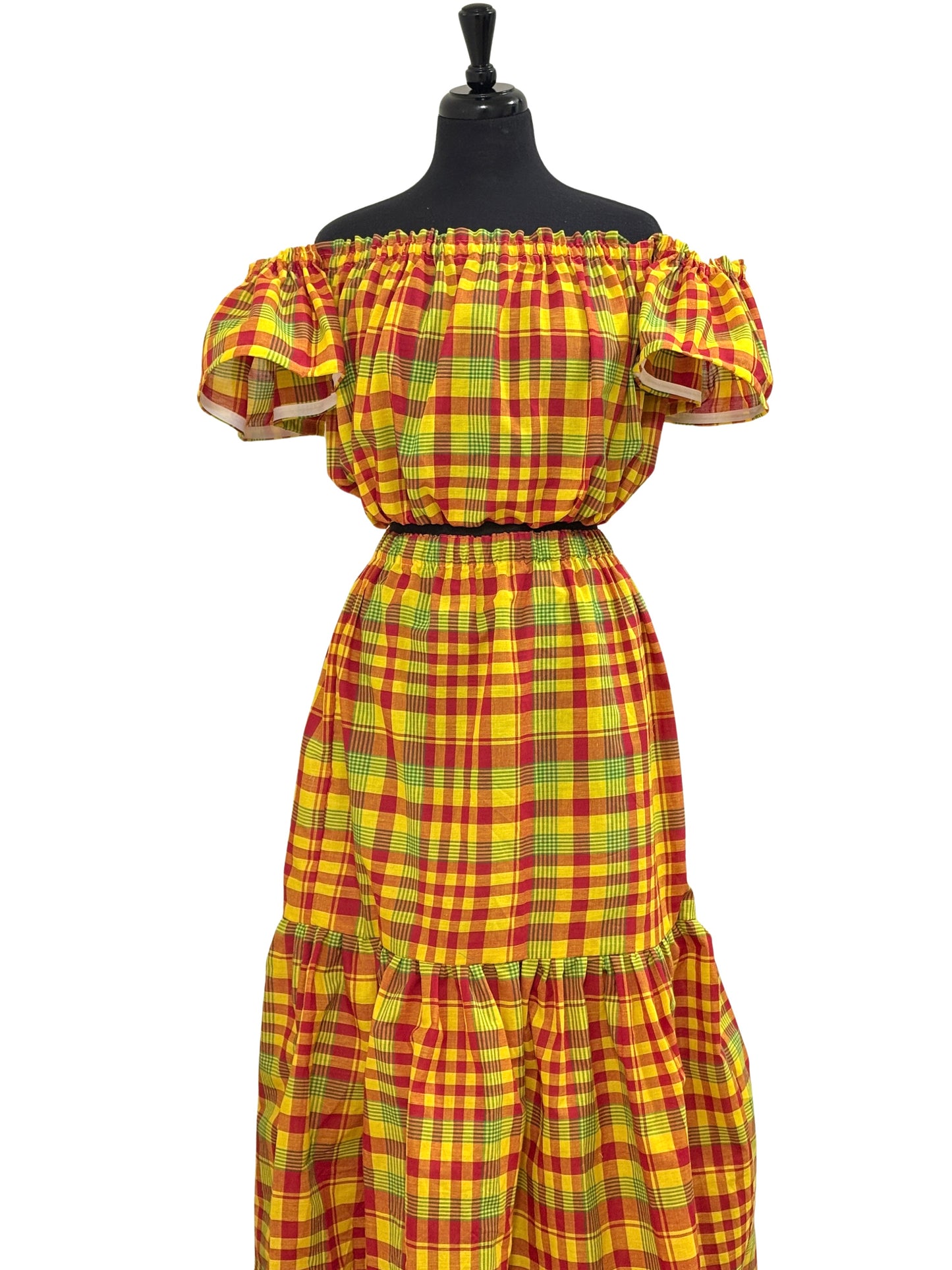 Women’s Jamaican Madras Crop Top and Skirt Set | Off Shoulder Bandeau with Head Wrap