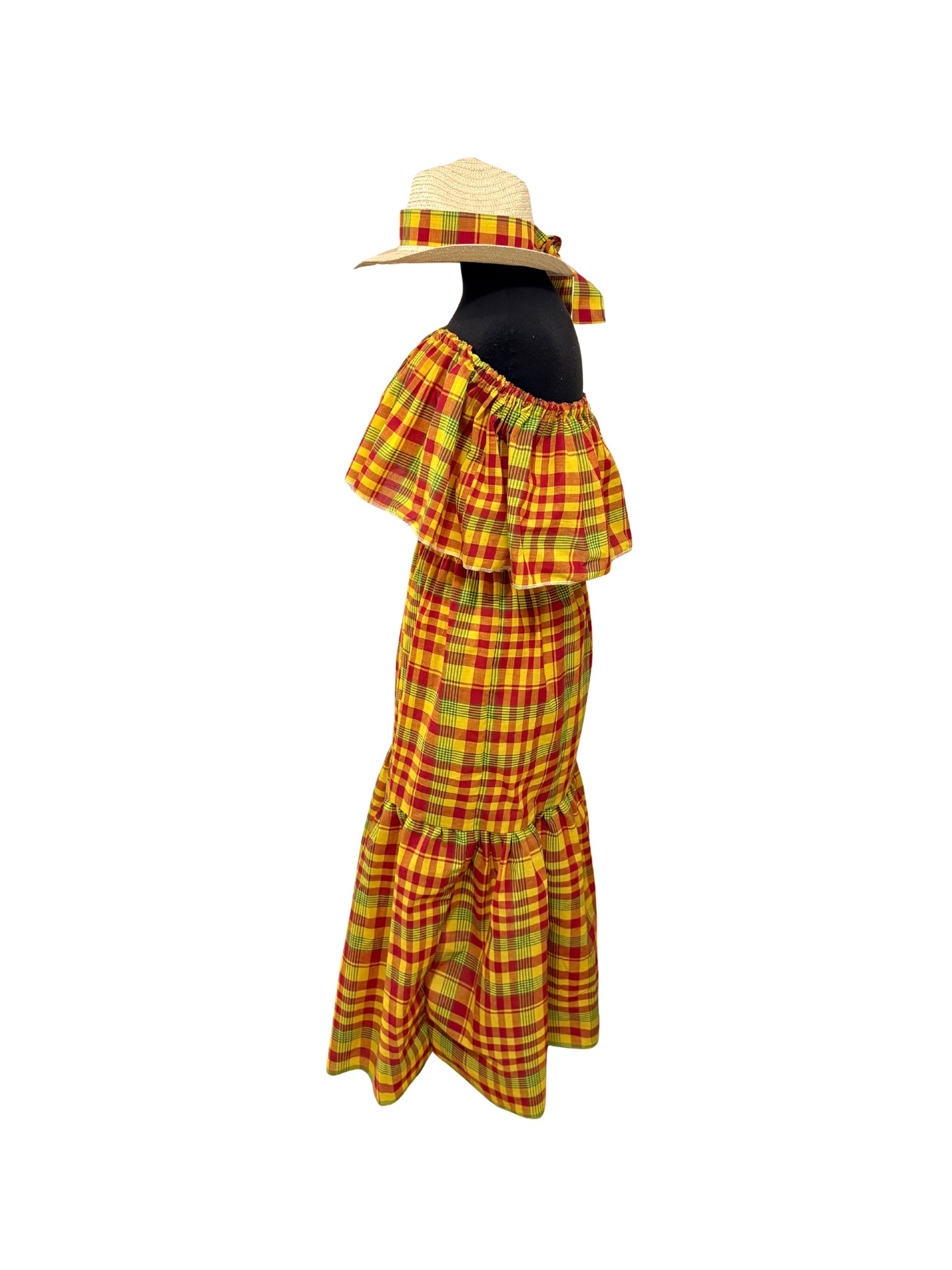 Women’s Jamaican Madras Ruffle Top and Skirt Set | Off Shoulder Peasant Top with Head Wrap