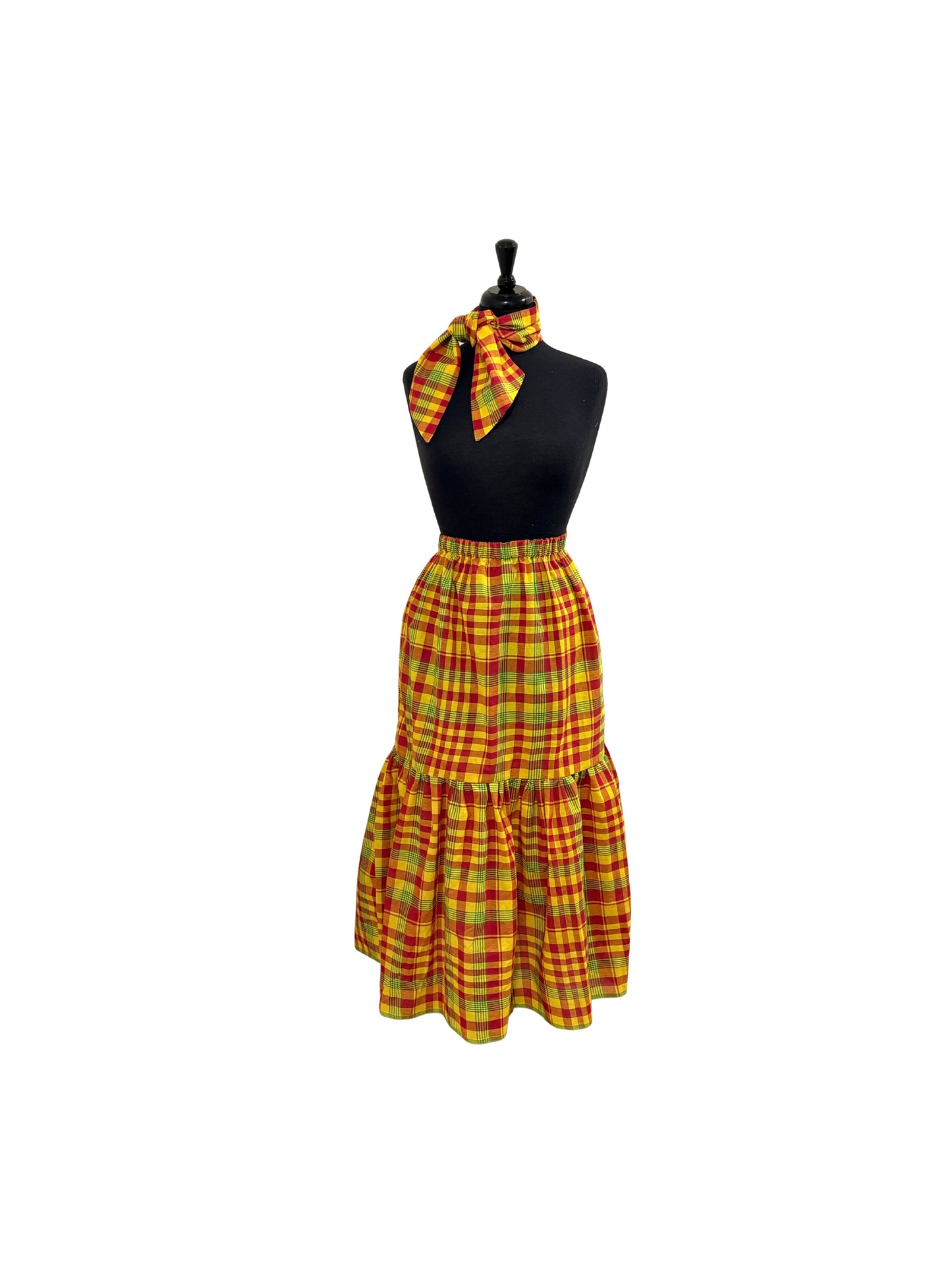 Women’s Jamaican Madras Ruffle Top and Skirt Set | Off Shoulder Peasant Top with Head Wrap