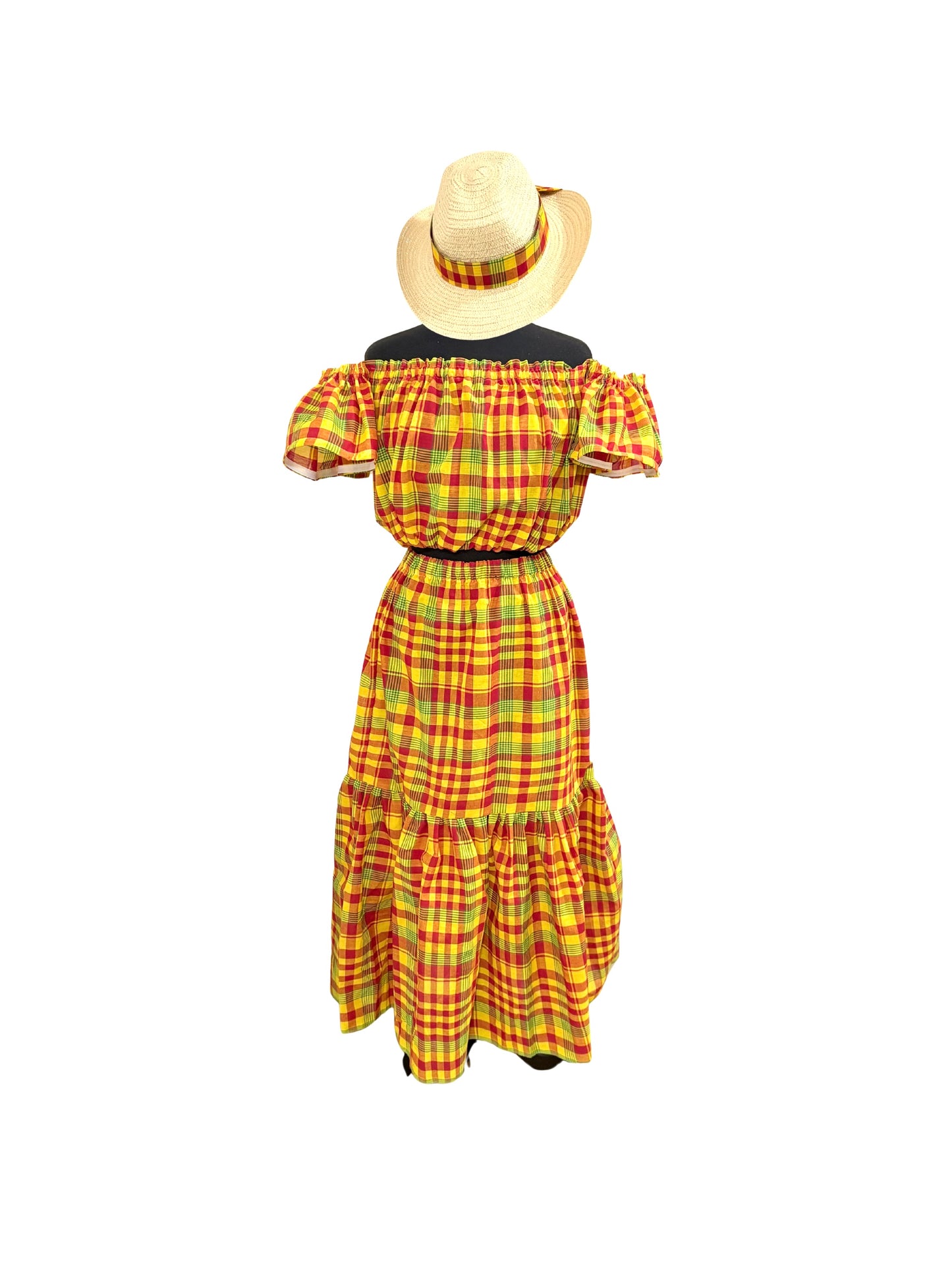 Women’s Jamaican Madras Crop Top and Skirt Set | Off Shoulder Bandeau with Head Wrap
