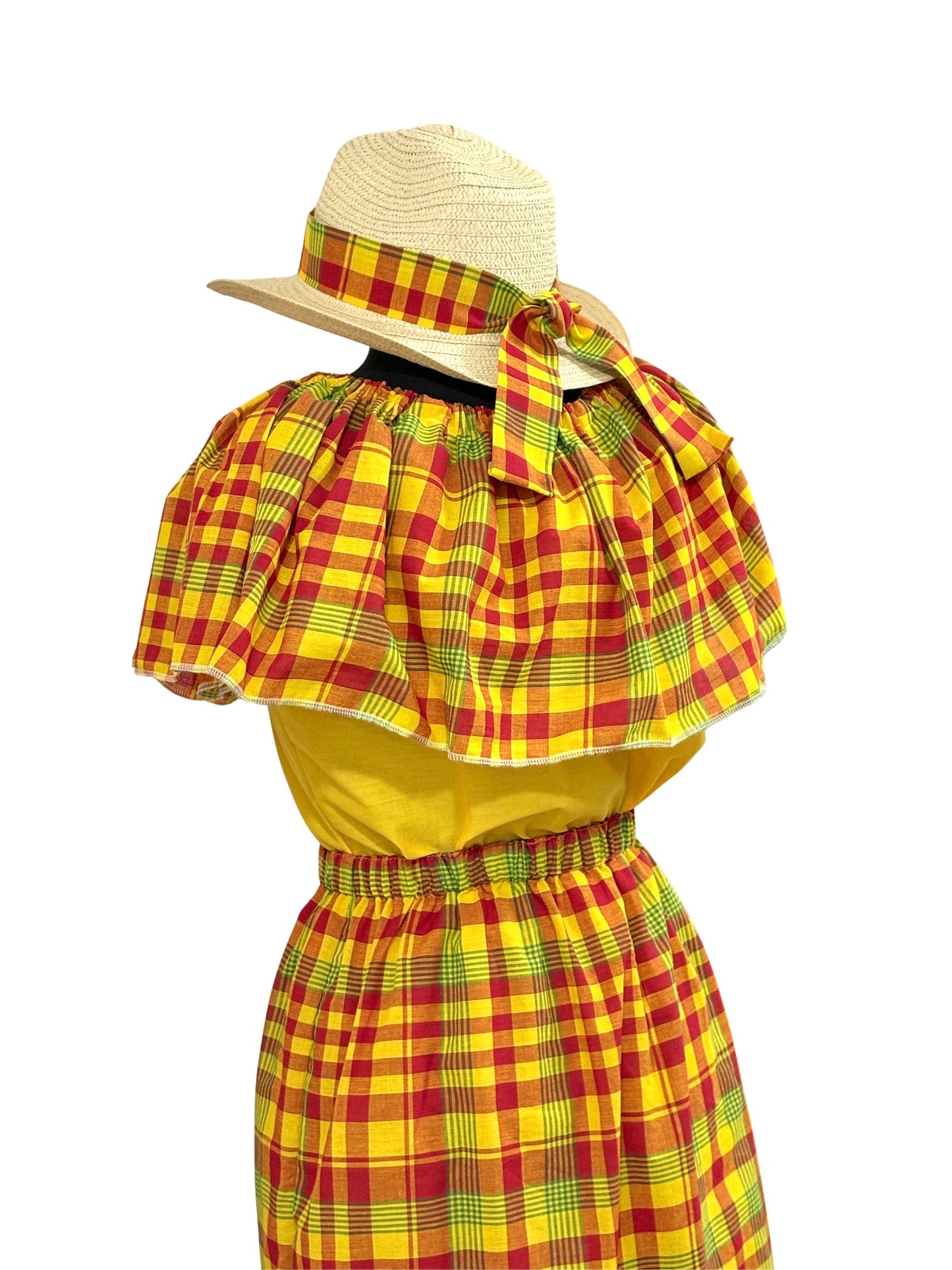 Women’s Jamaican Madras Ruffle Top and Skirt Set | Off Shoulder Peasant Top with Head Wrap