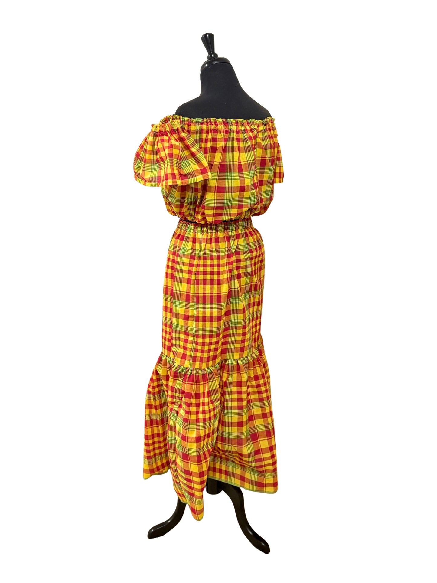 Women’s Jamaican Madras Ruffle Top and Skirt Set | Off Shoulder Peasant Top with Head Wrap