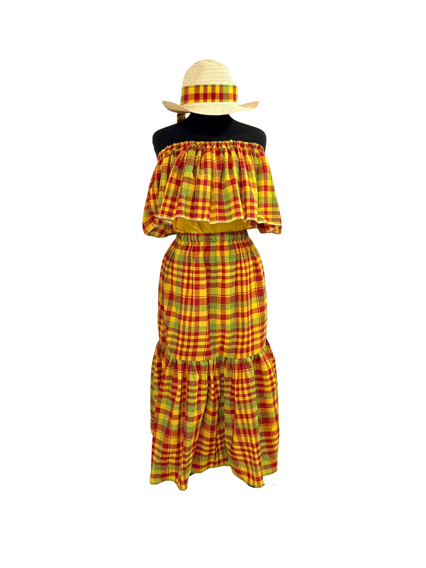 Women’s Jamaican Madras Ruffle Top and Skirt Set | Off Shoulder Peasant Top with Head Wrap
