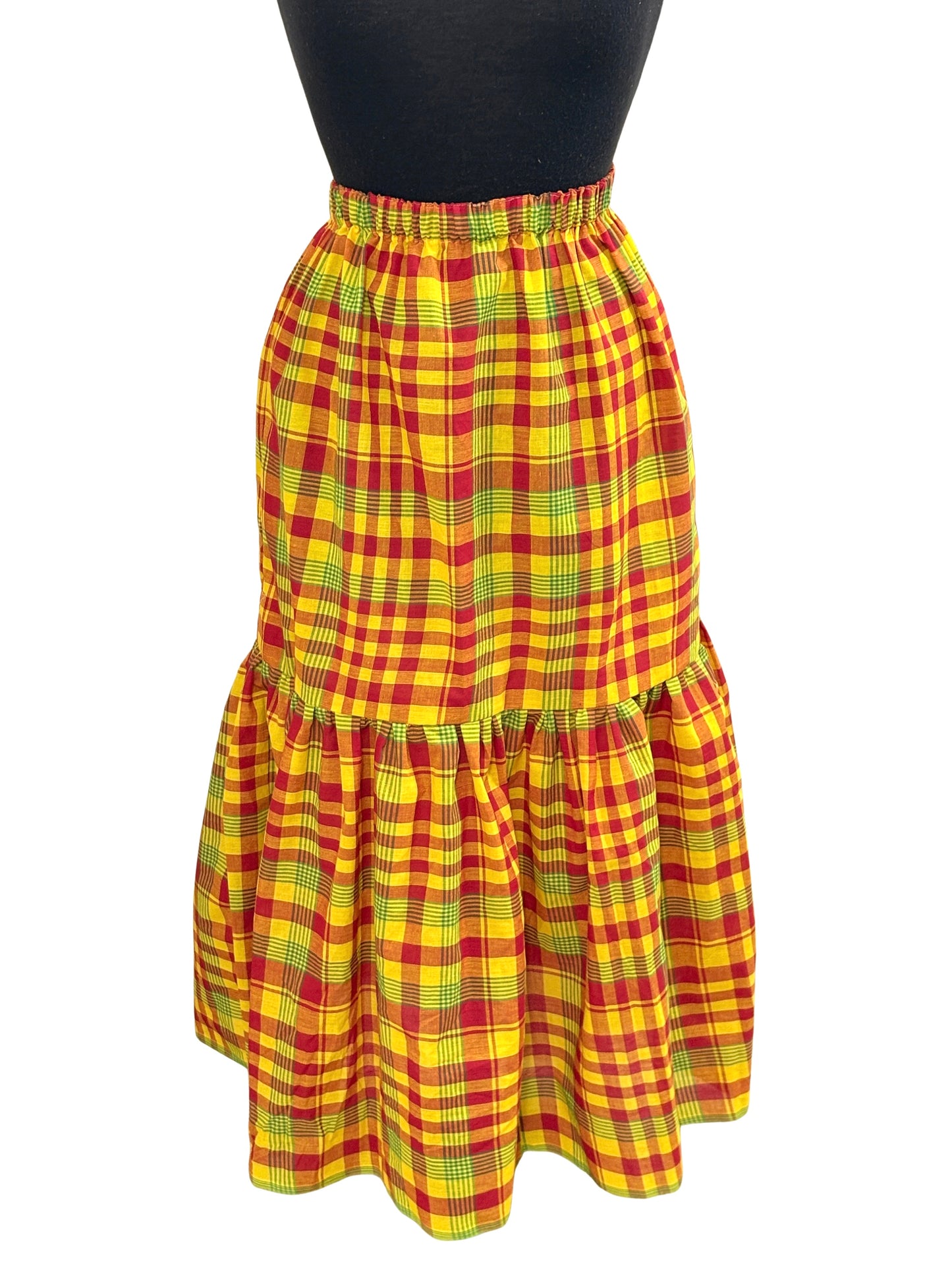 Women’s Jamaican Madras Ruffle Top and Skirt Set | Off Shoulder Peasant Top with Head Wrap
