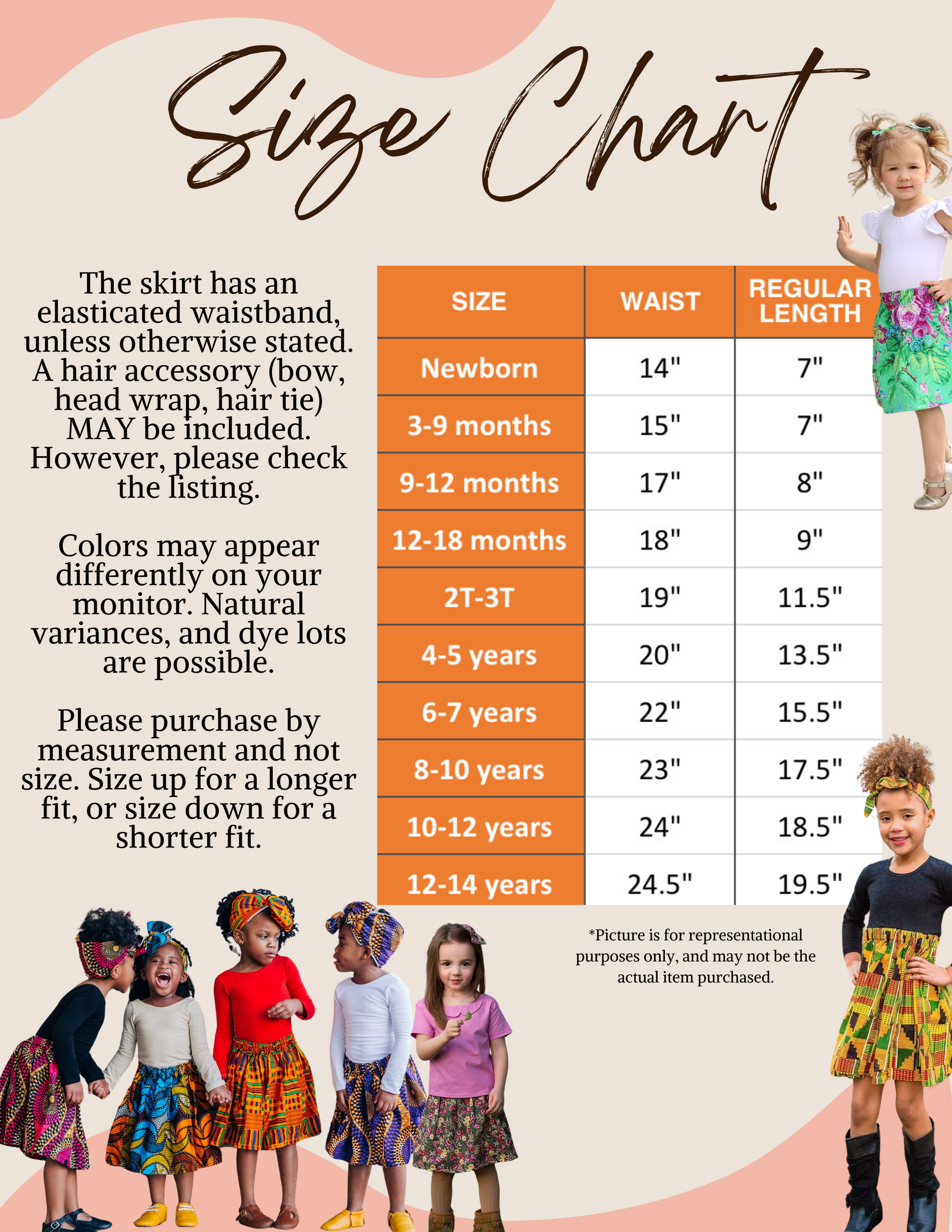 Size chart for skirts with children wearing the product, showing waist and length measurements.