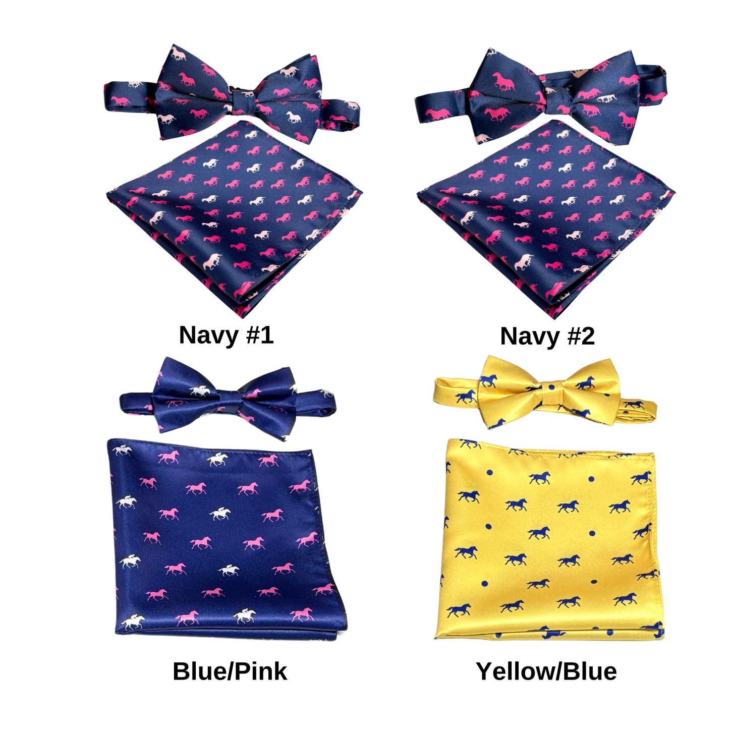 Navy Satin Horse Theme Bow Tie Set