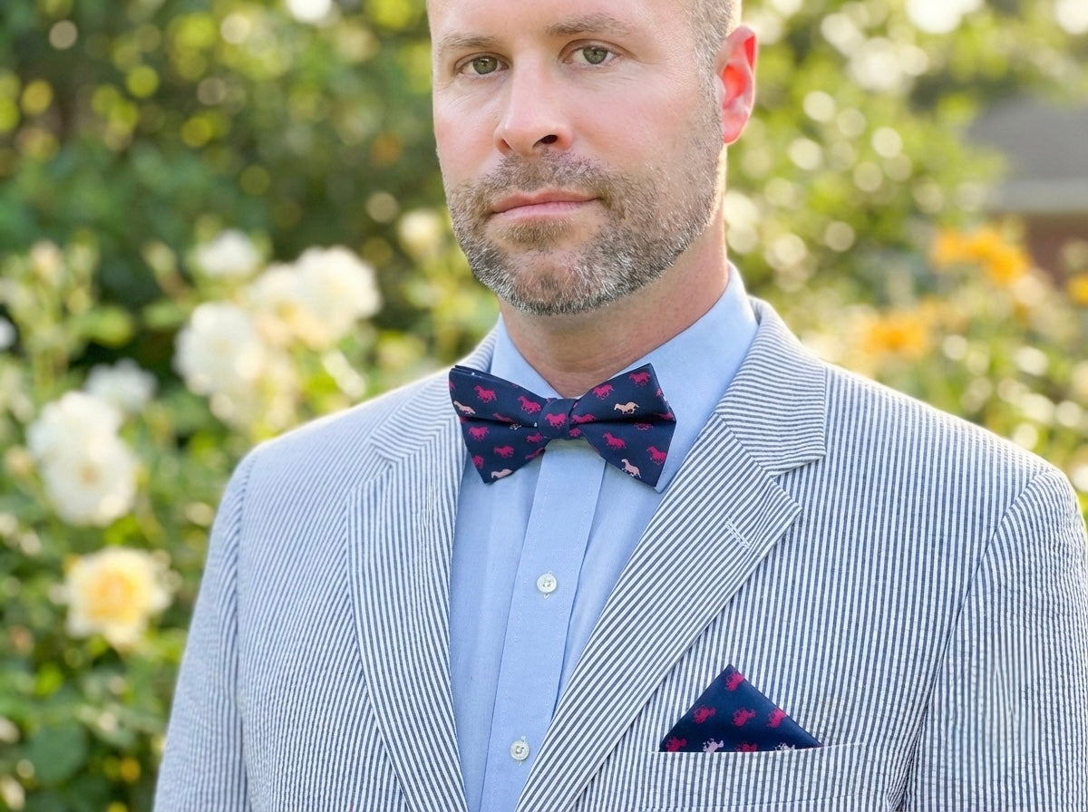 Navy Satin Horse Theme Bow Tie Set