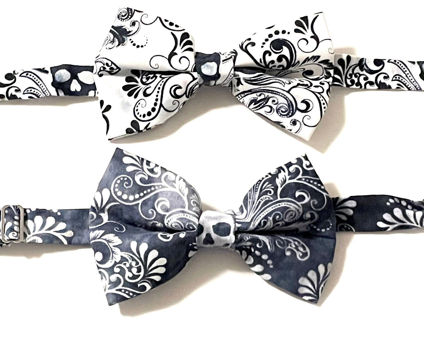 Choice of skull pattern bow ties in white and black. Pre-tied Ajustable Men's Accessory