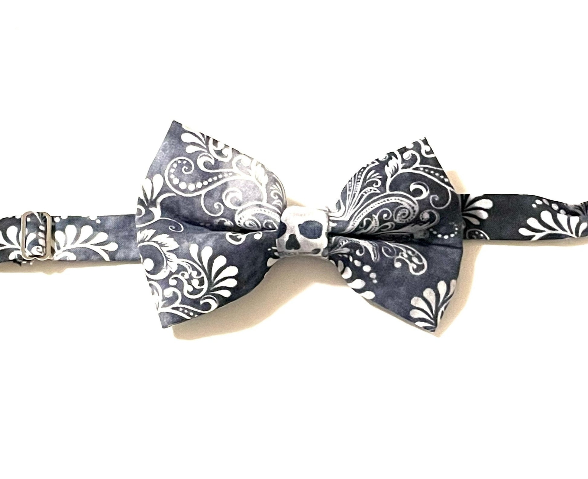 Vintage-Inspired Faded Black Bow Tie with White Skull and Paisley Design - Adjustable Men's Accessory