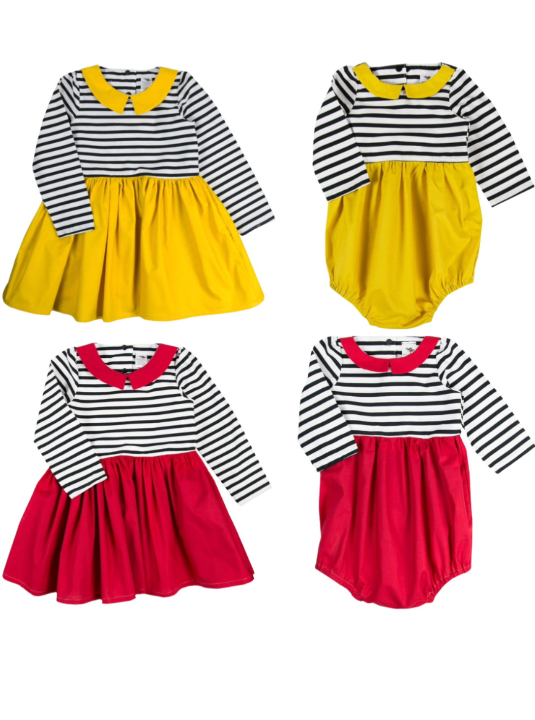 Black and white striped bodice dress and romper in red and mustard yellow with a choice of short and long sleeves. 