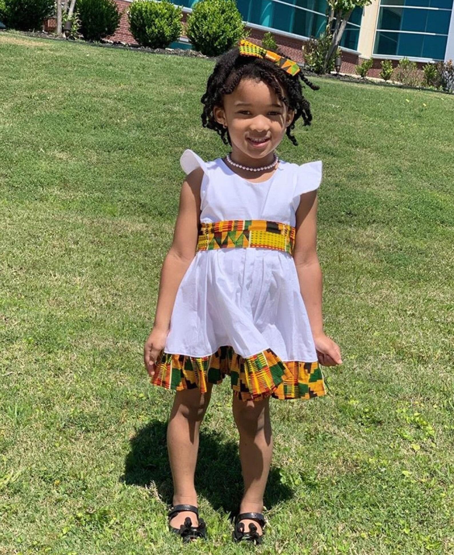 white christmas dresses White Dress with Kente Ruffle 5 / Short Sleeve / Original Kente