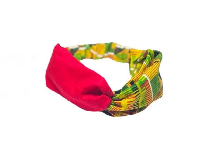 Kente wide twisted front headband with red accent.