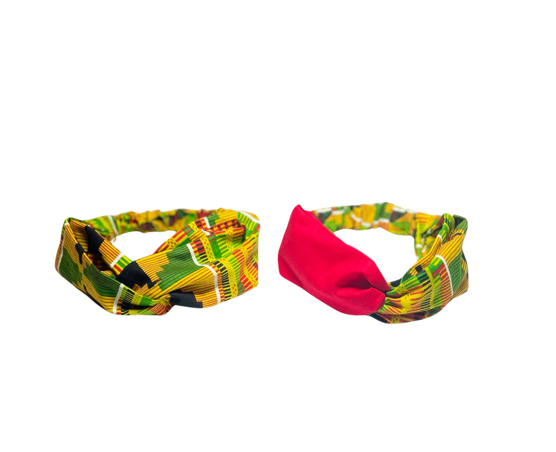 Kente wide twisted front headband with red accent & plain Kente