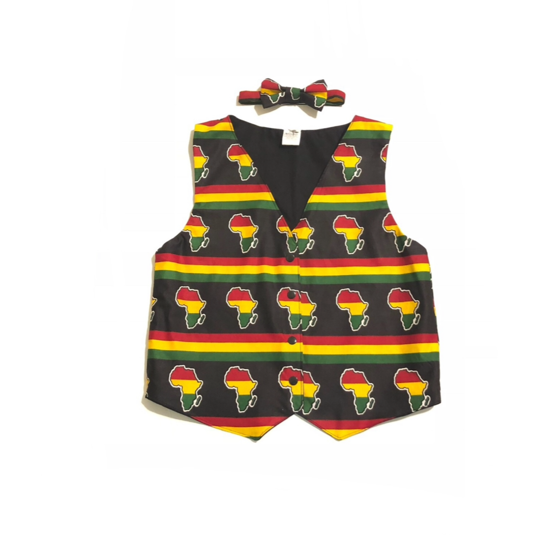 African map vest with the iconic red, green, yellow on a black base print. 