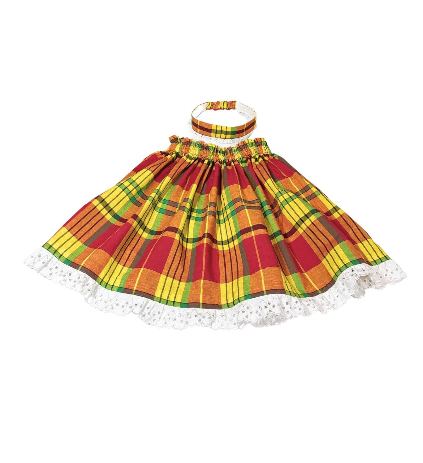 Girl’s Antiguan madras plaid skirt with a white lace hem and matching headband on a white background