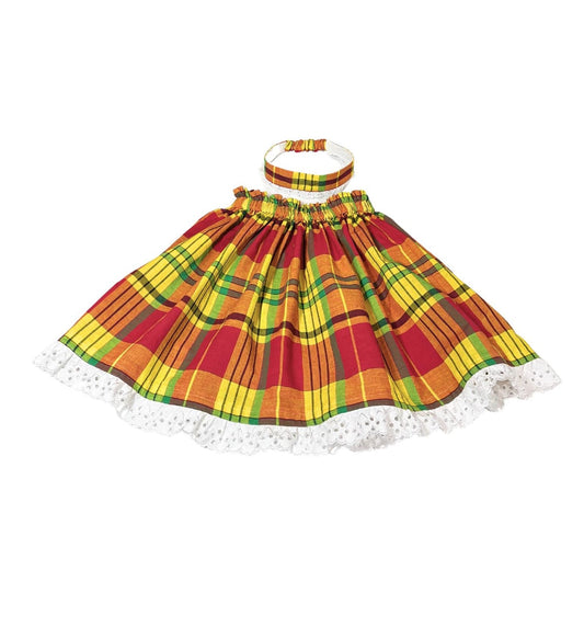 Girl’s Antiguan madras plaid skirt with a white lace hem and matching headband on a white background