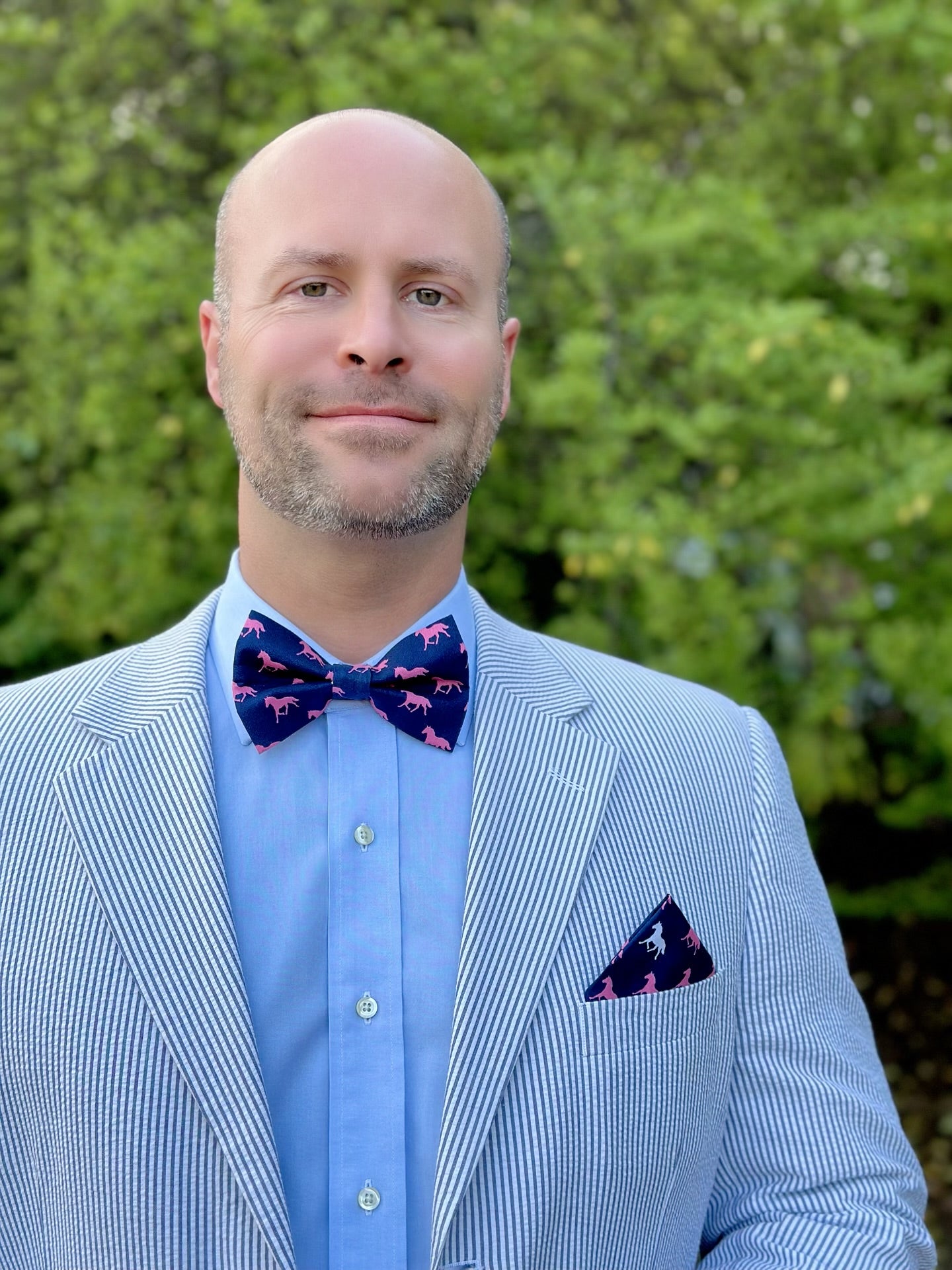 A man wearing a blue striped suit and a navy bow tie with a horse pattern.