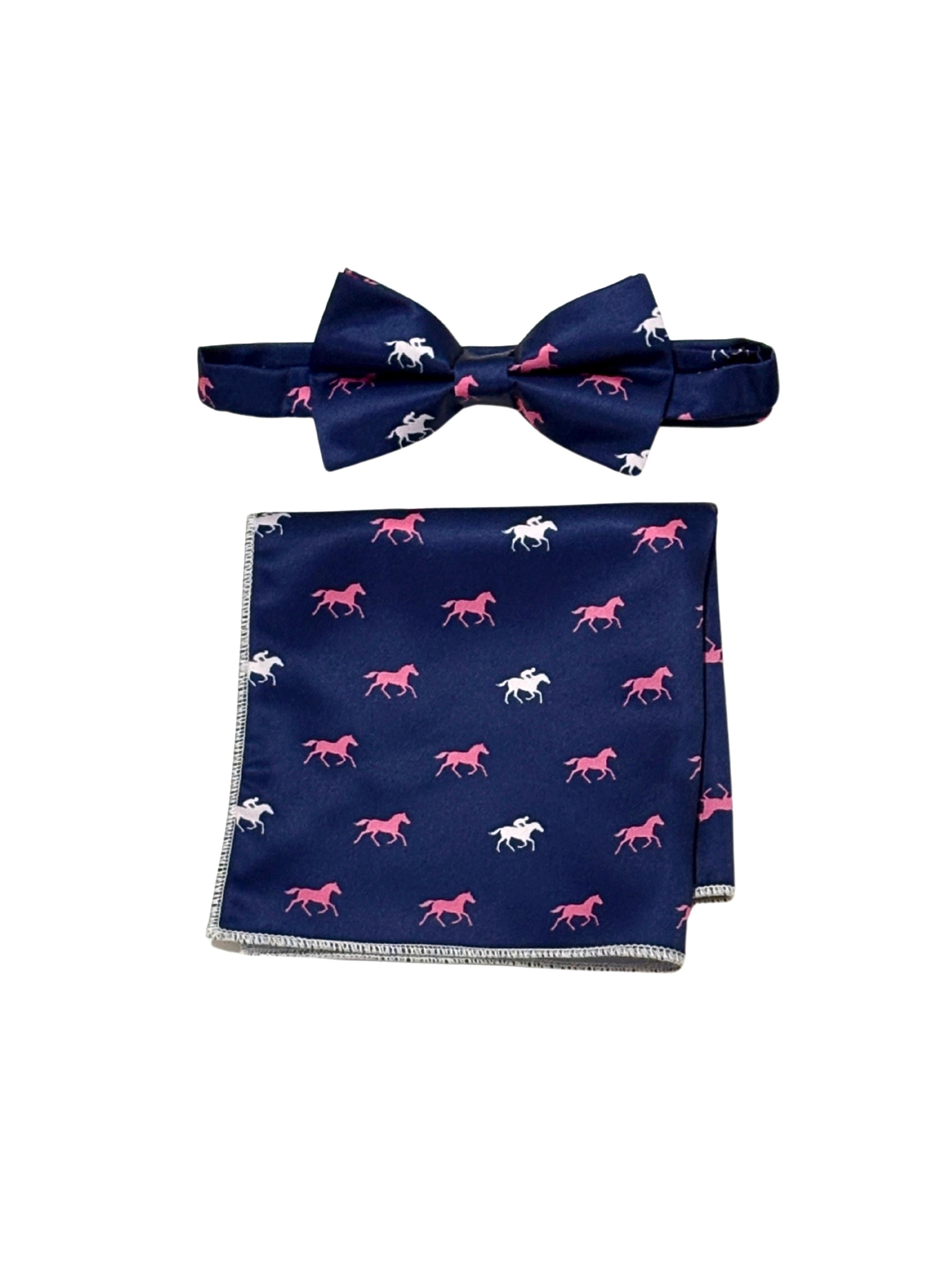 Blue bow tie and pocket square with pink and white horse pattern on a white background