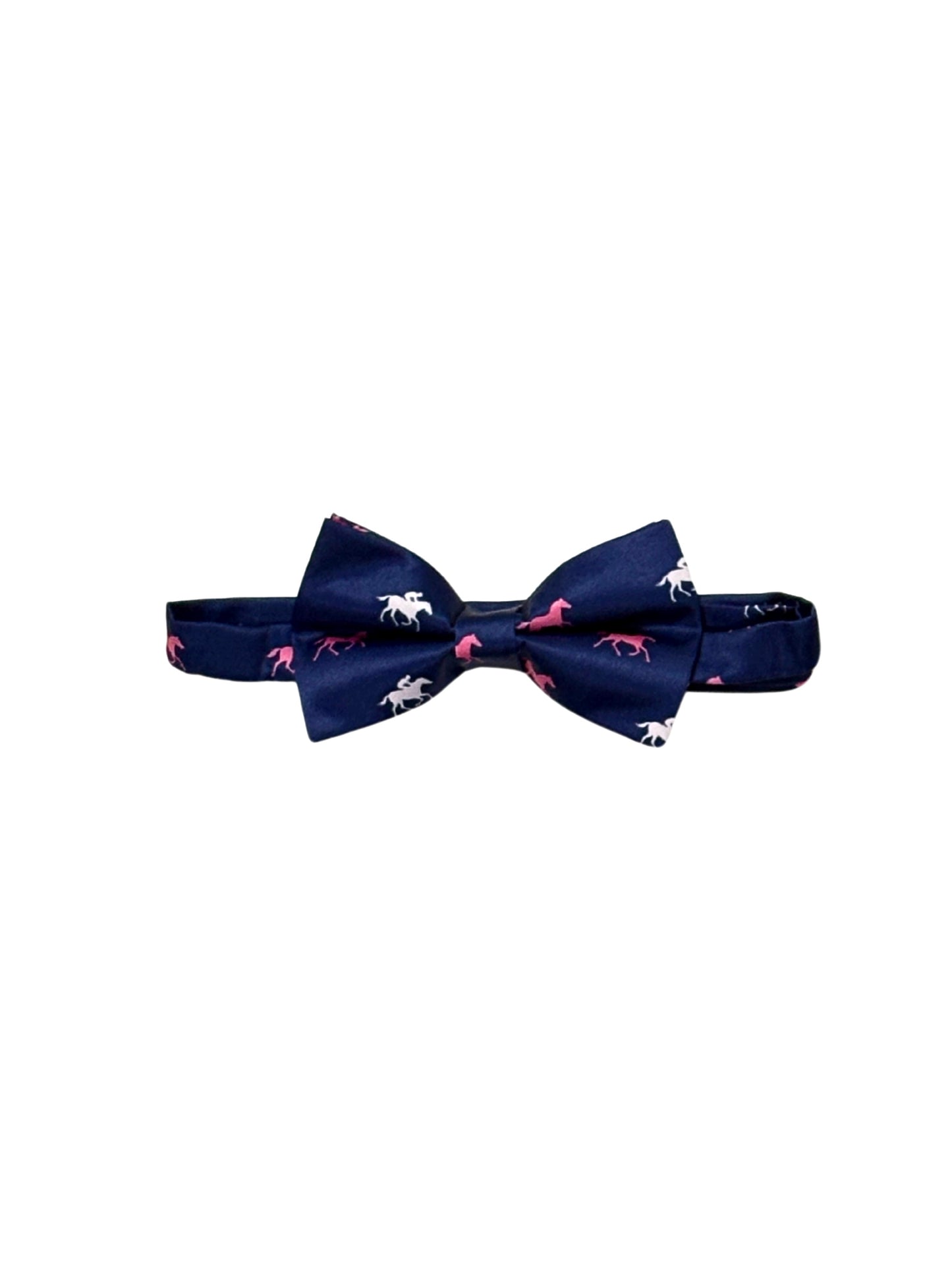 Blue bow tie with white and pink derby horses pattern on a white background. 