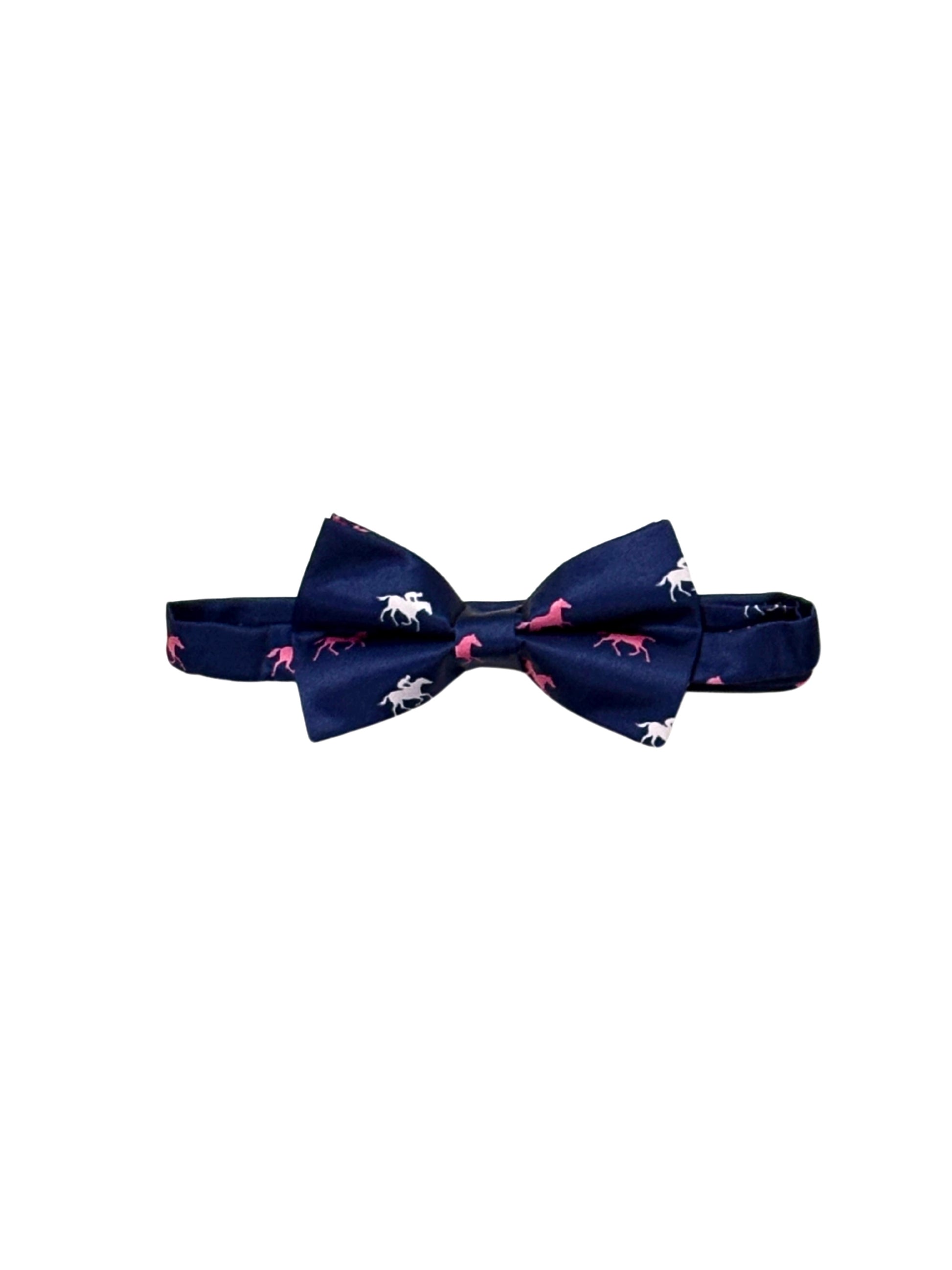 Blue bow tie with white and pink derby horses pattern on a white background. 