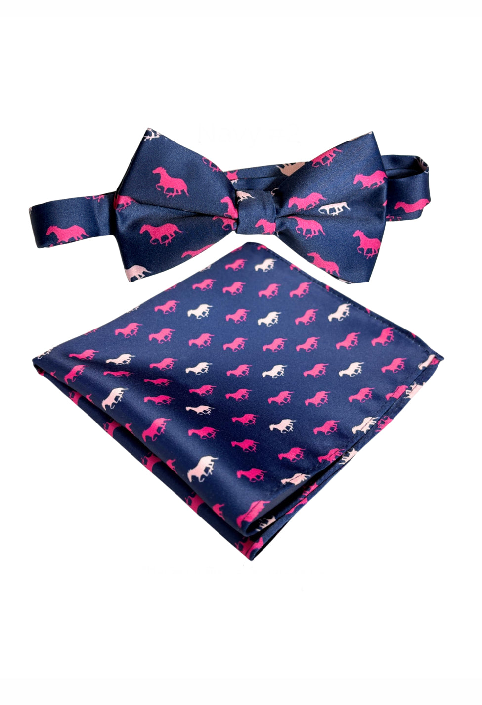 derby horses theme navy with pink horses bow tie and pocket squar