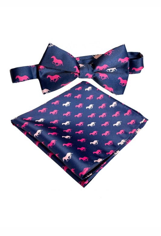 derby horses theme navy with pink horses bow tie and pocket squar