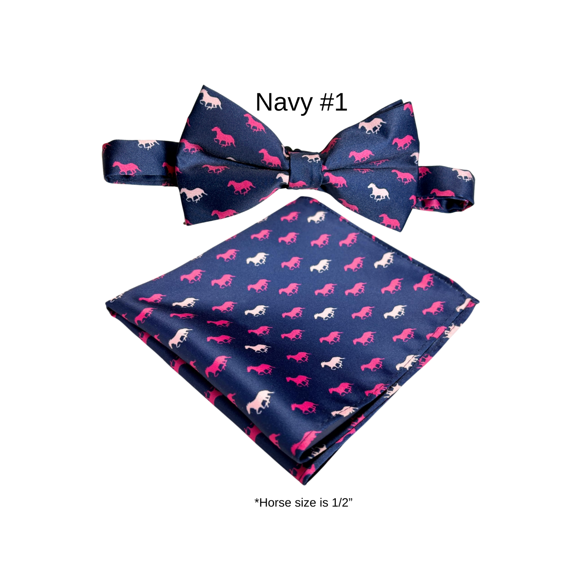 Derby navy with pink horses satin bow tie and pocket square set 
