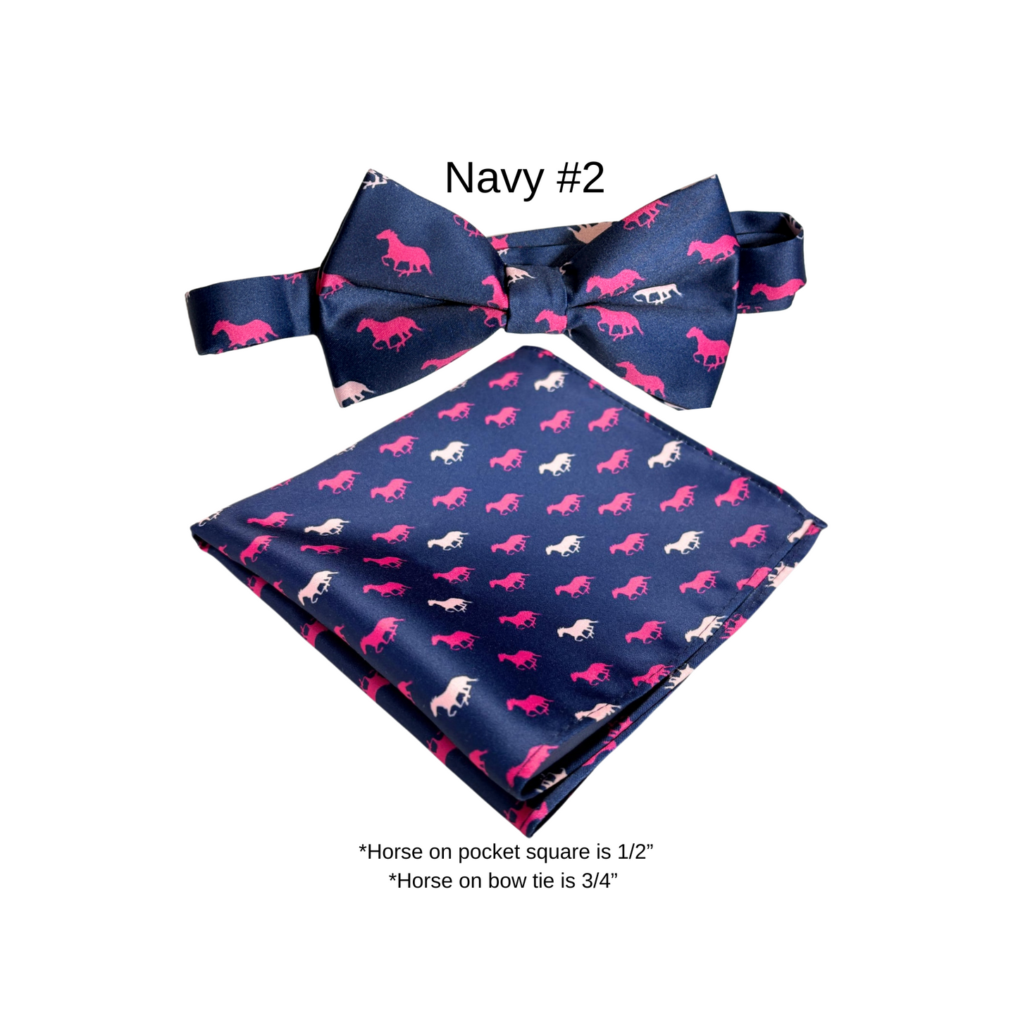 Derby navy with pink horses satin bow tie and pocket square set  With 3/4” horses on bow tie and 1/2” horses on pocket square