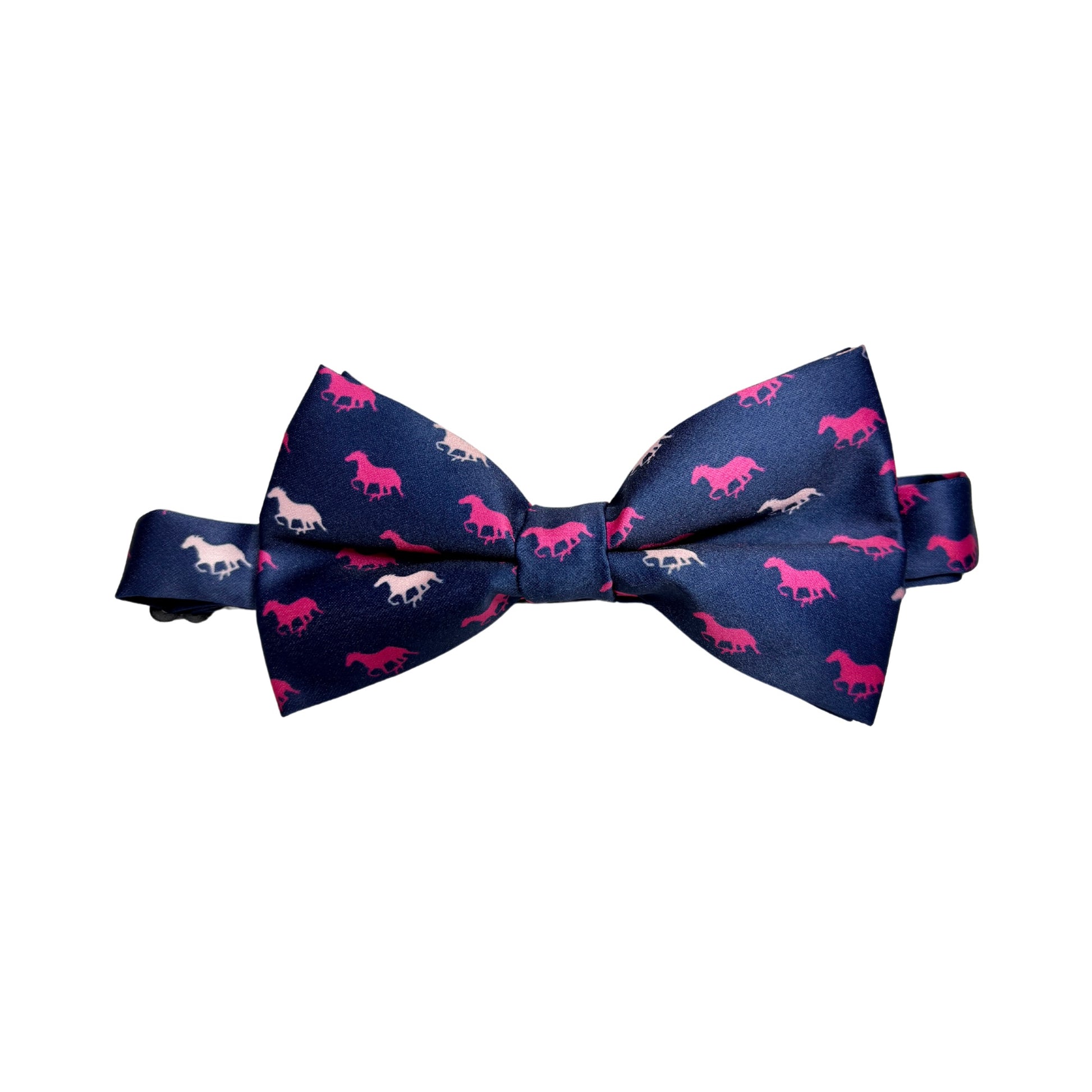 A navy satin bow tie with a fuchsia derby horse theme pattern