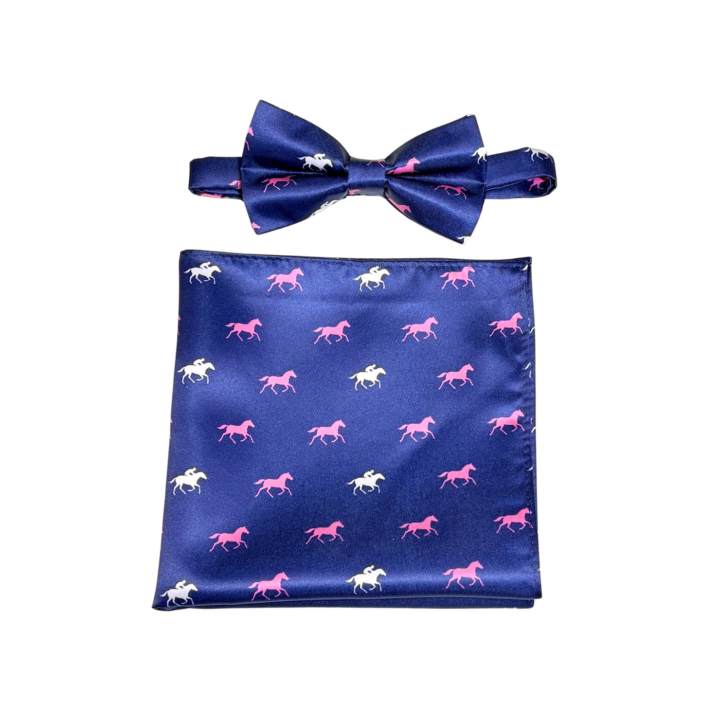 derby horses theme navy with pink horses bow tie and pocket square 