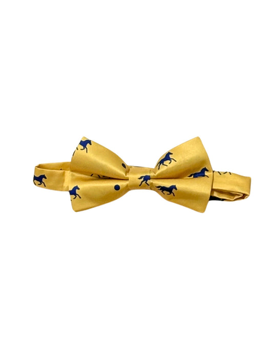 Yellow bow tie with many dots and horse pattern on a white background