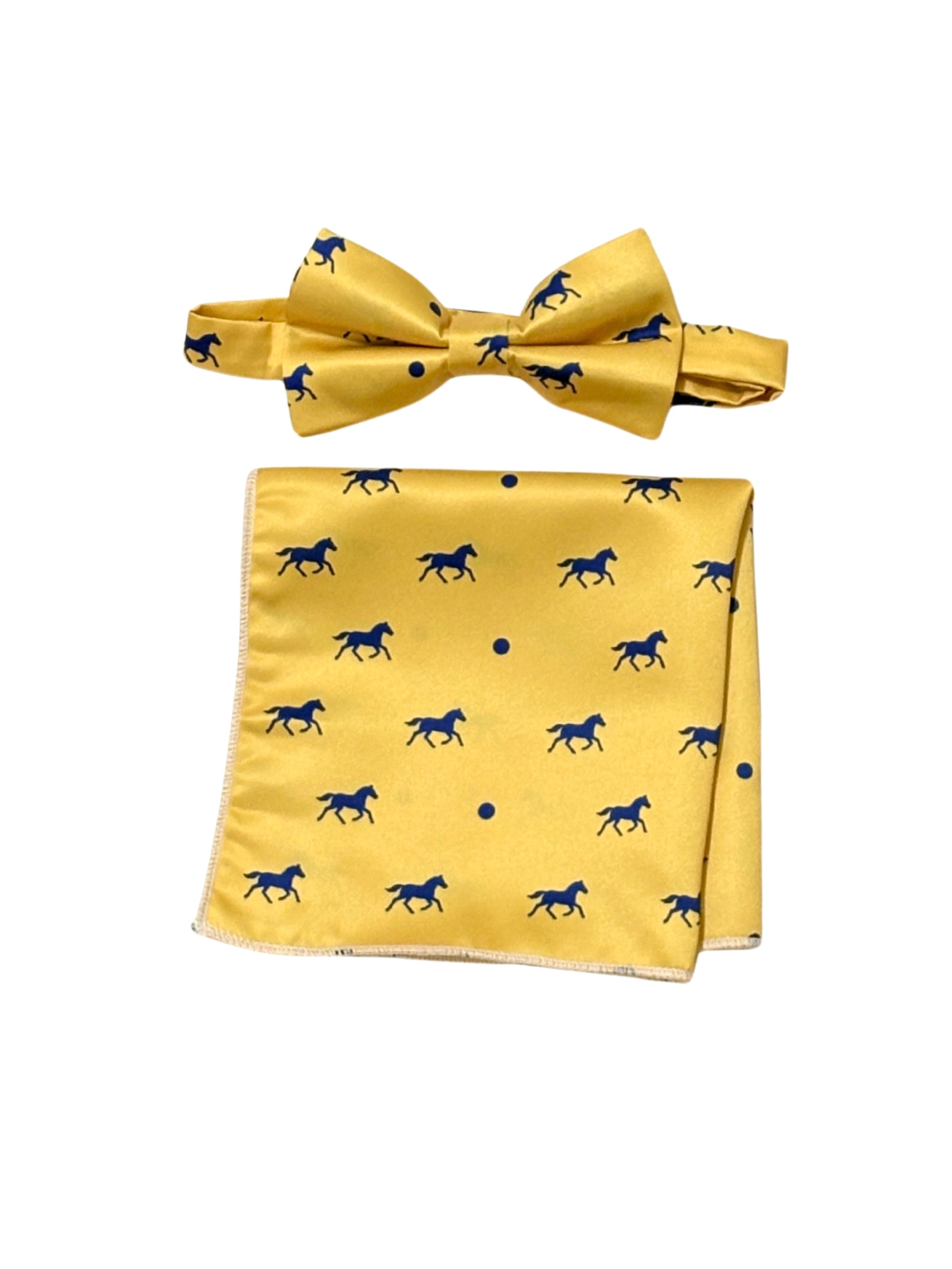 Yellow bow tie and pocket square with navy blue dots and horse pattern on a white background