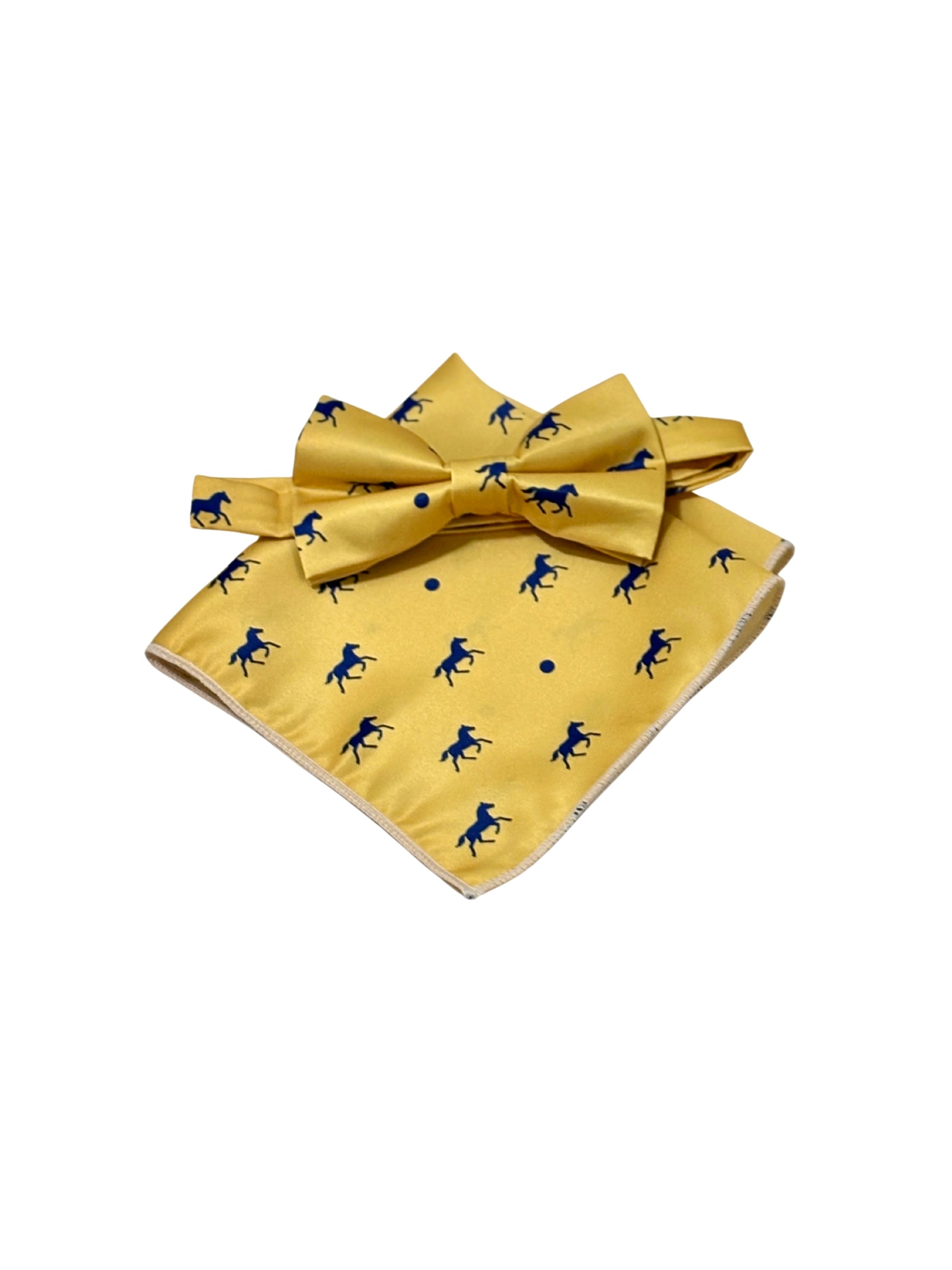 Yellow bow tie and pocket square set with navy blue dots and blue horse pattern on a white background