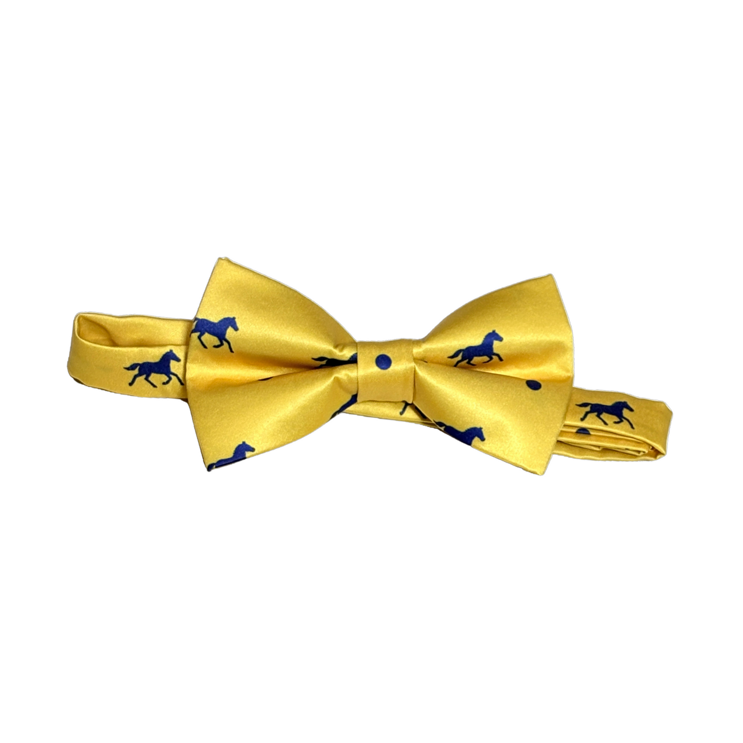 Yellow with navy derby horses and navy dots bow tie