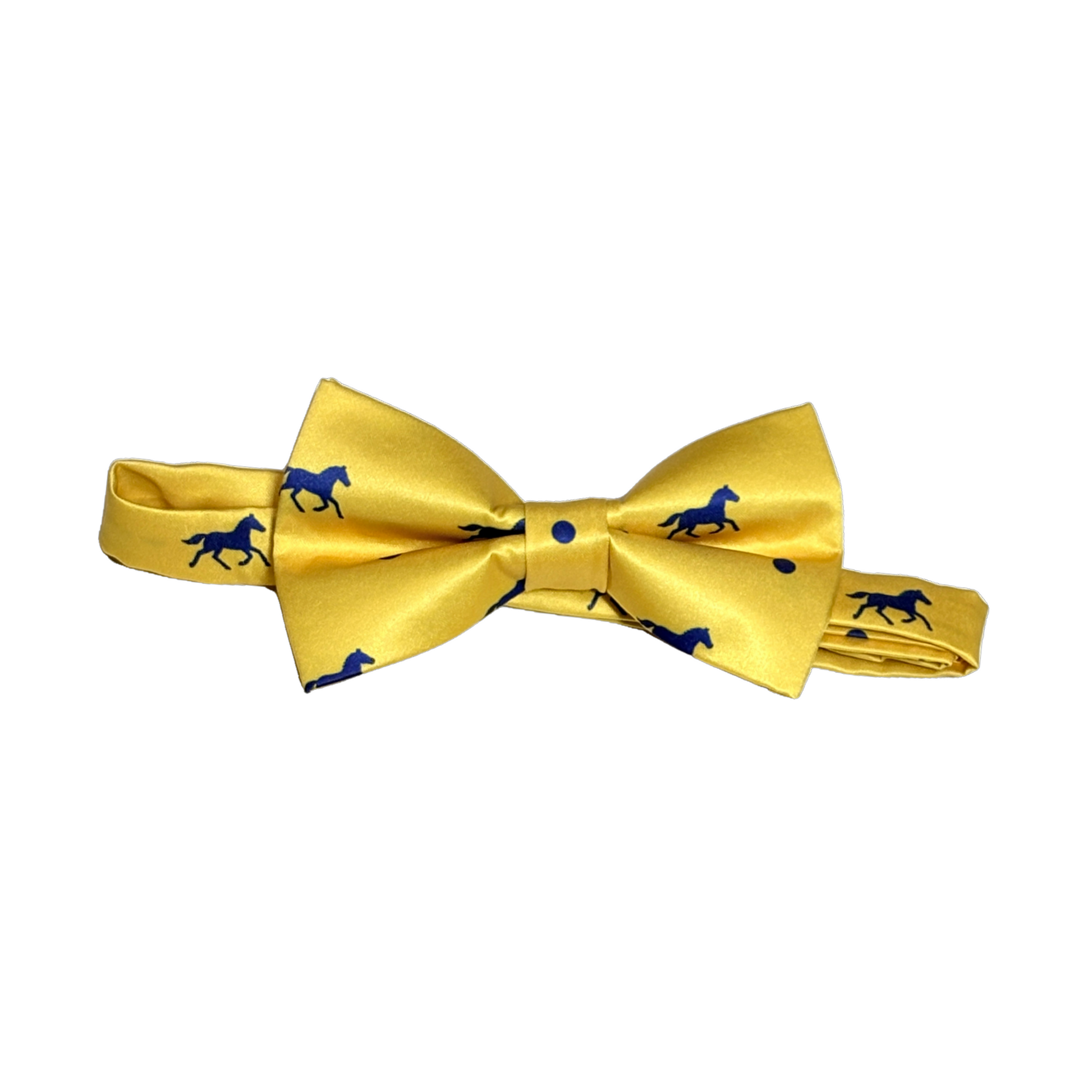 Yellow with navy derby horses and navy dots bow tie