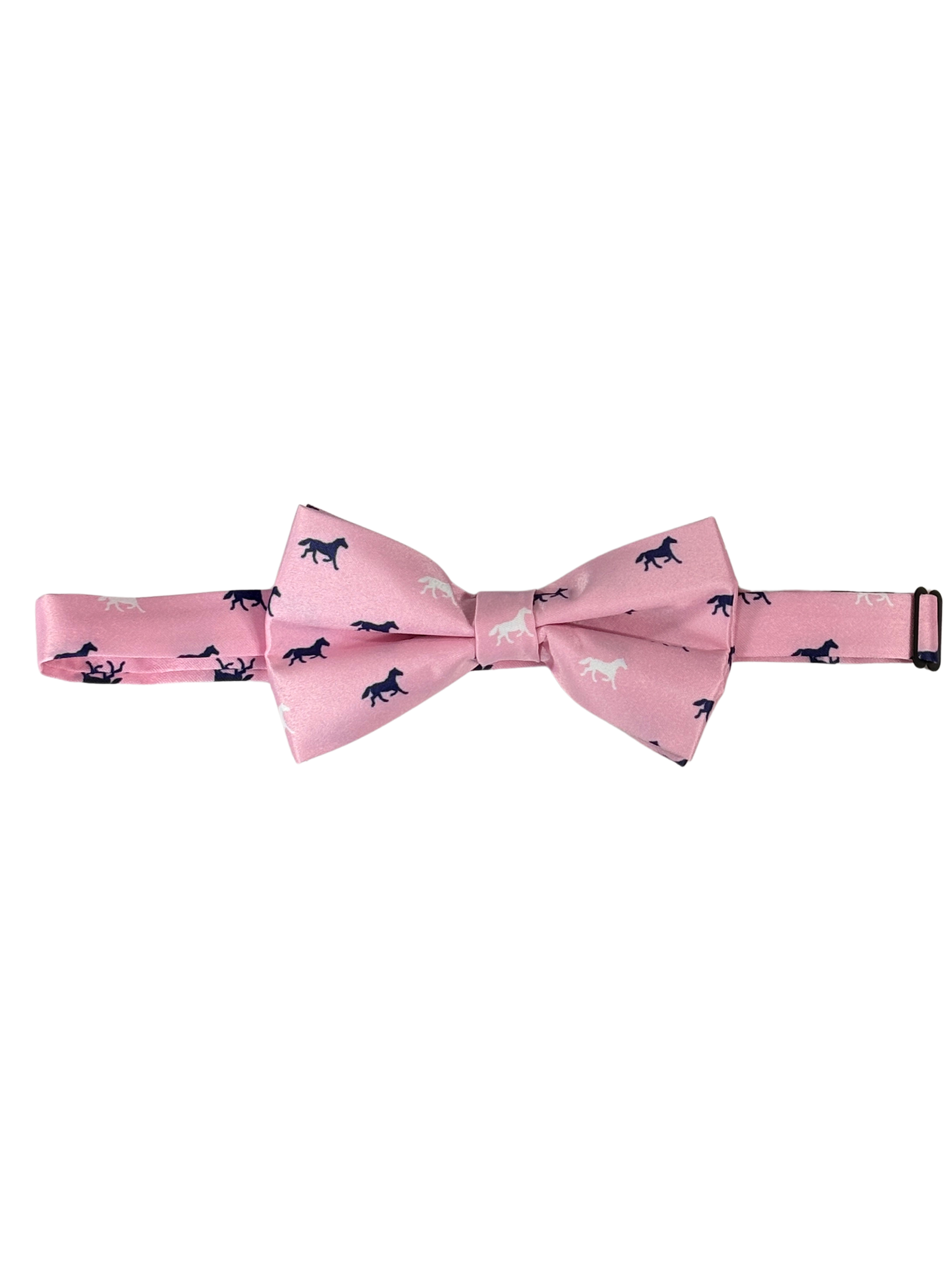 Pink bow tie with navy horse pattern on a white background