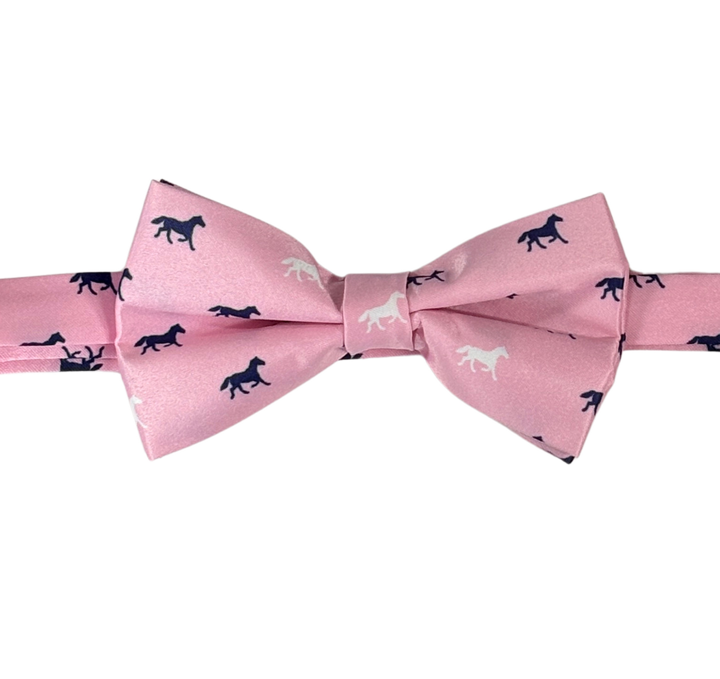Pink satin bow tie with navy horses 