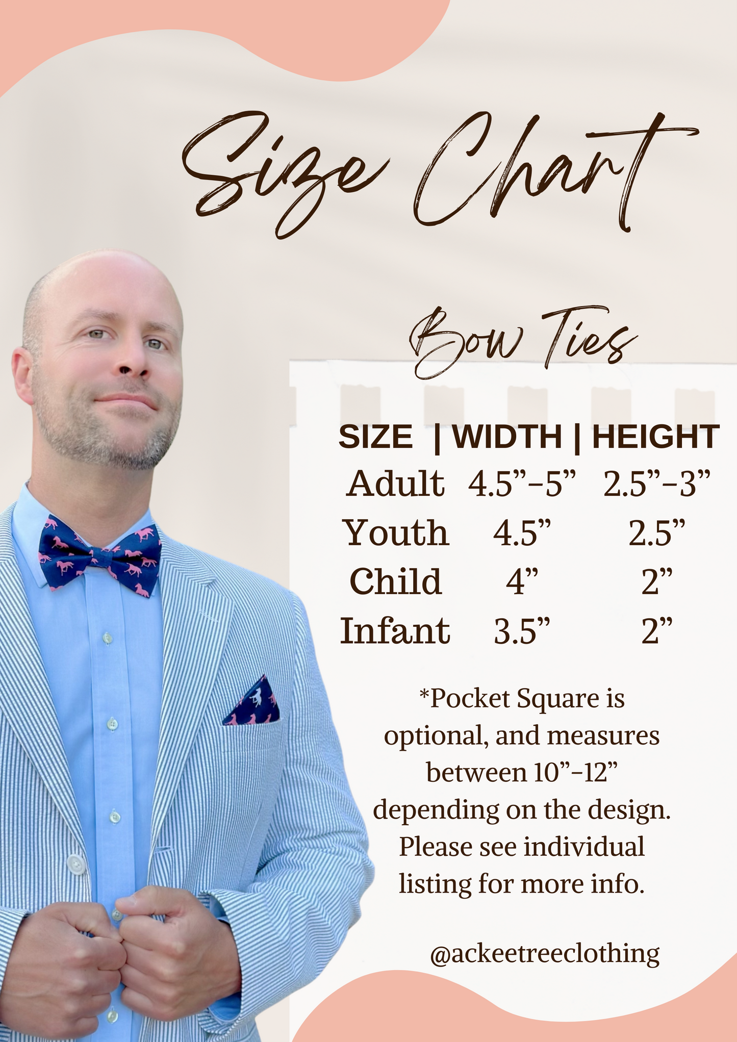 A man wearing a navy with pink and white horses bow tie and pocket square standing beside a bow tie size chart with measurements. 