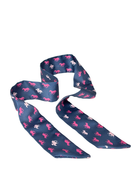 Navy blue scarf with fuchsia and light pink horse pattern on a white background