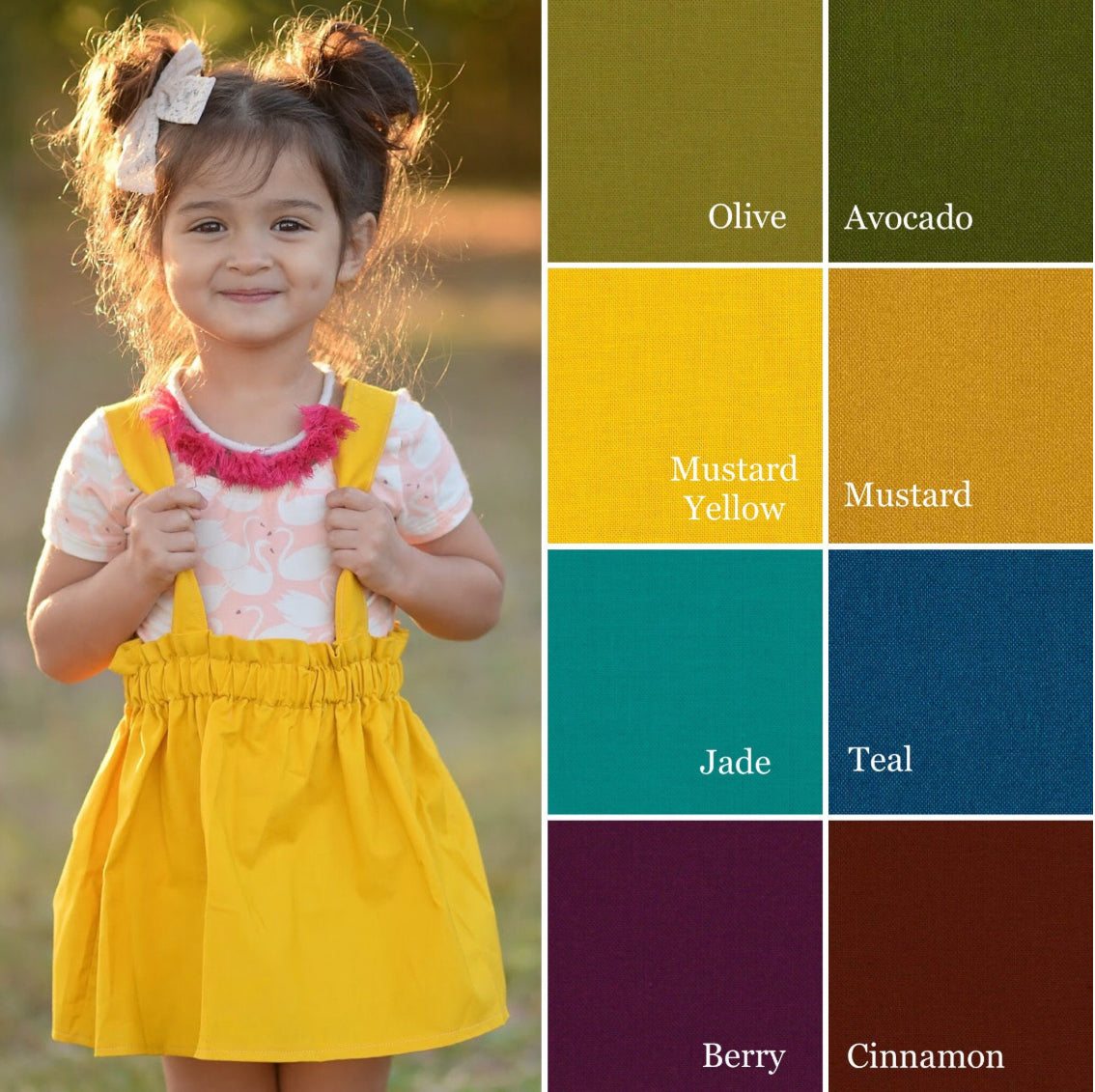 Child in a yellow dress with color swatches labeled Olive, Avocado, Mustard Yellow, Mustard, Jade, Teal, Berry, and Cinnamon.