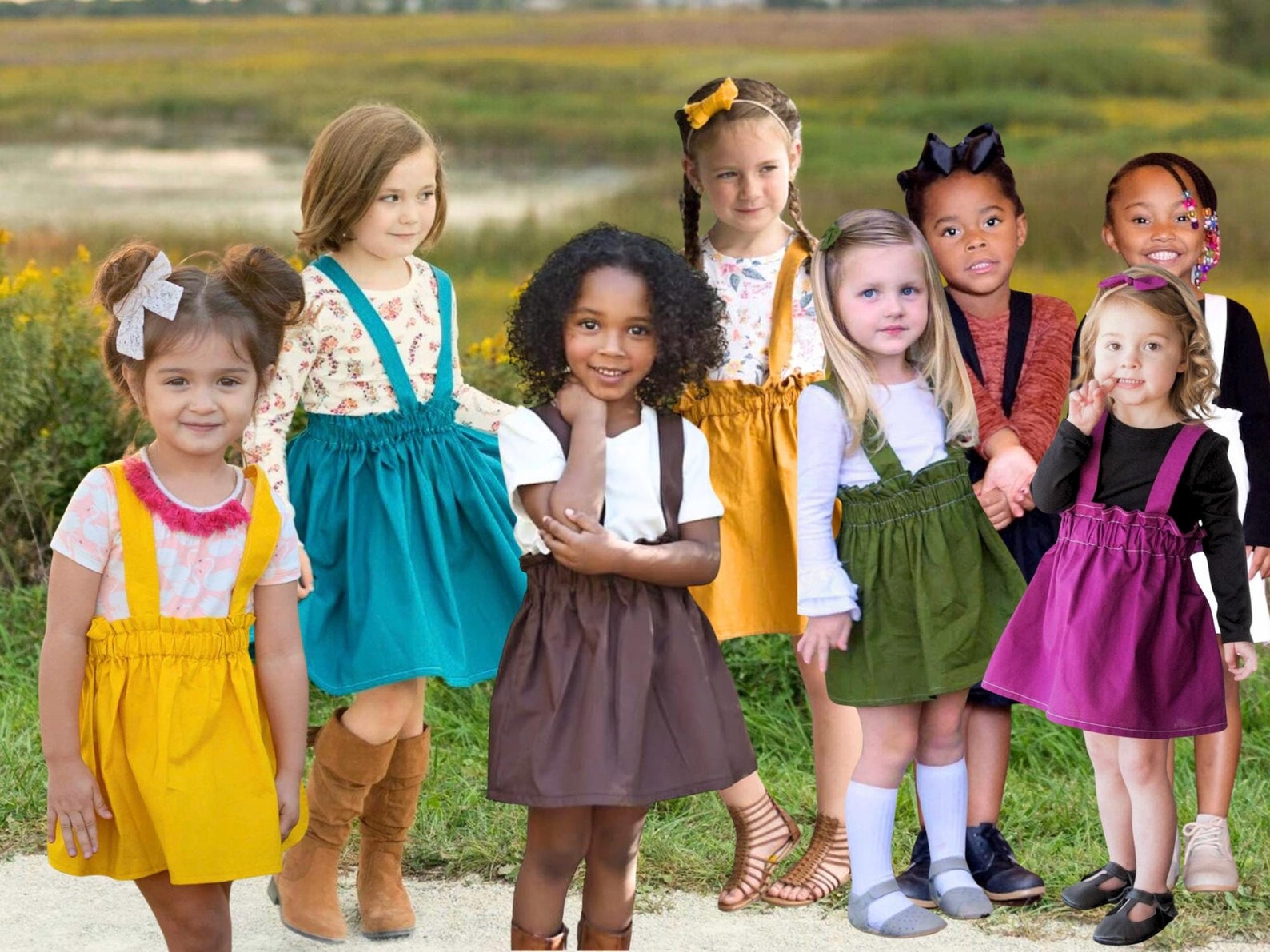 Picture showing multiple girls in different color suspender skirts that the straps tie in the back. Colors shown include mustard, yellow, red, teal, brown and green. 